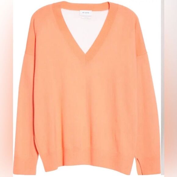 St. John Knits Womens Pink Orange Contrast Back Wool Vneck Sweater Size M - Picture 4 of 9